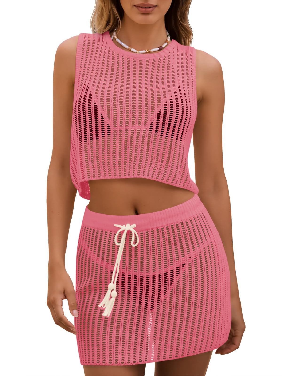 Fisoew Womens 2 Piece Crochet Sets Sleeveless Crop Tops Cover Up Beach Mini Skirt Outfits Vacation Sets