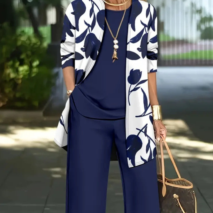 Printed Cardigan Jacket With Solid Color Inner Strap Casual Pants