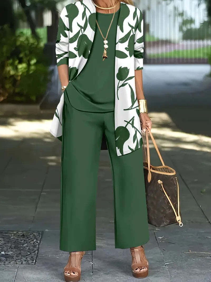 Printed Cardigan Jacket With Solid Color Inner Strap Casual Pants