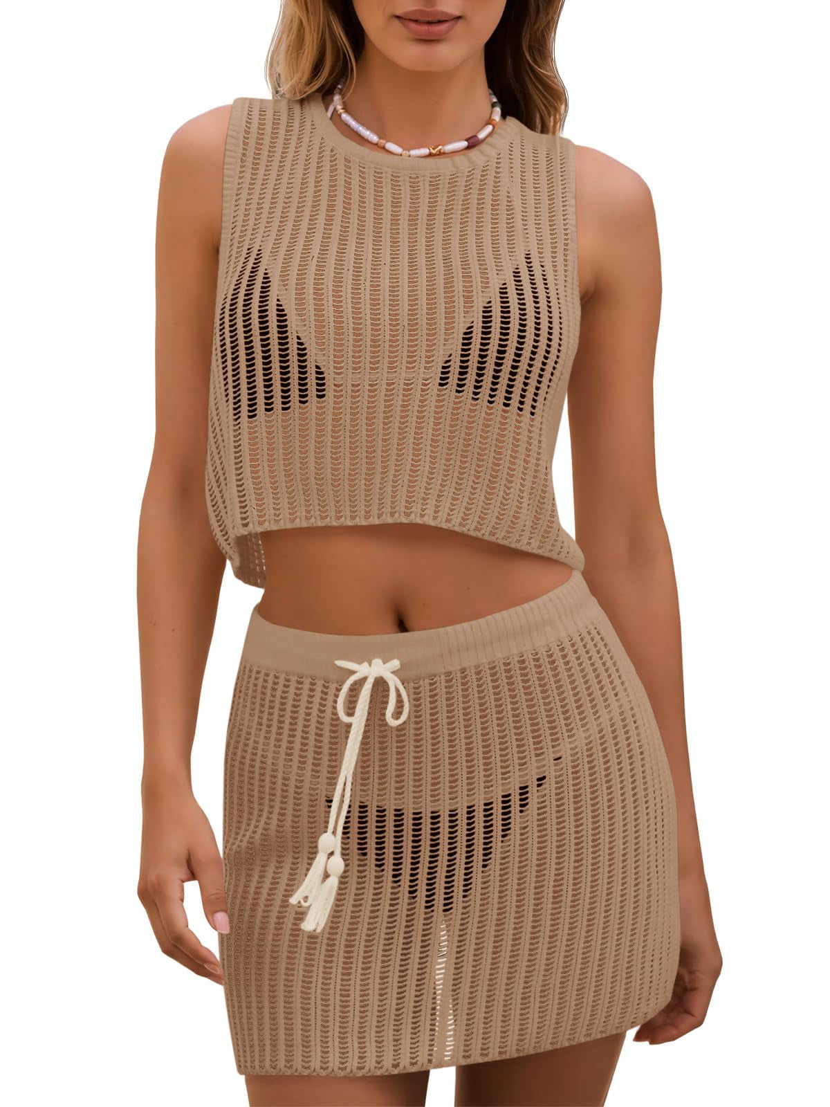 Fisoew Womens 2 Piece Crochet Sets Sleeveless Crop Tops Cover Up Beach Mini Skirt Outfits Vacation Sets