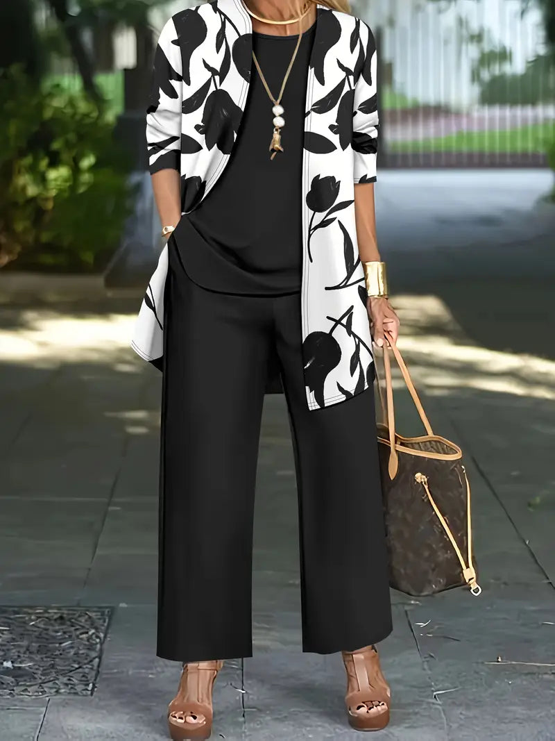 Printed Cardigan Jacket With Solid Color Inner Strap Casual Pants